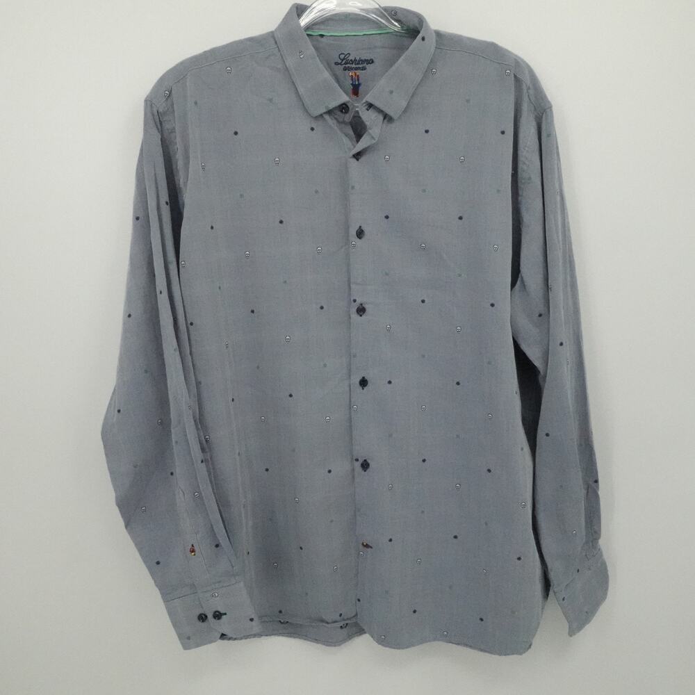 Luchiano Visconti Shirt Mens 2XL Gray Embroidered Skull Pattern Button Up Casual